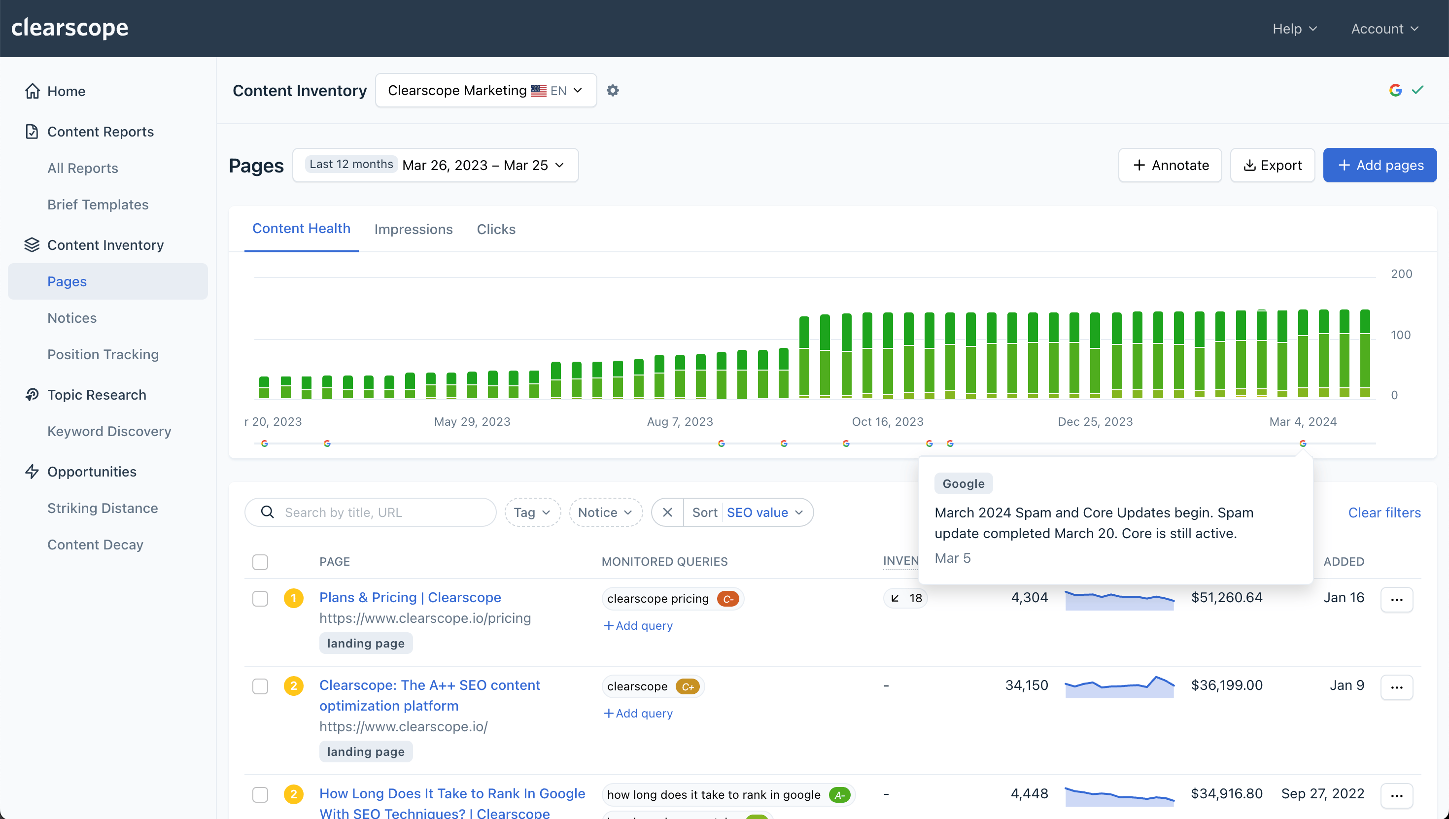 Clearscope Software - Clearscope's Content Inventory monitor, protect, and grow your existing content.