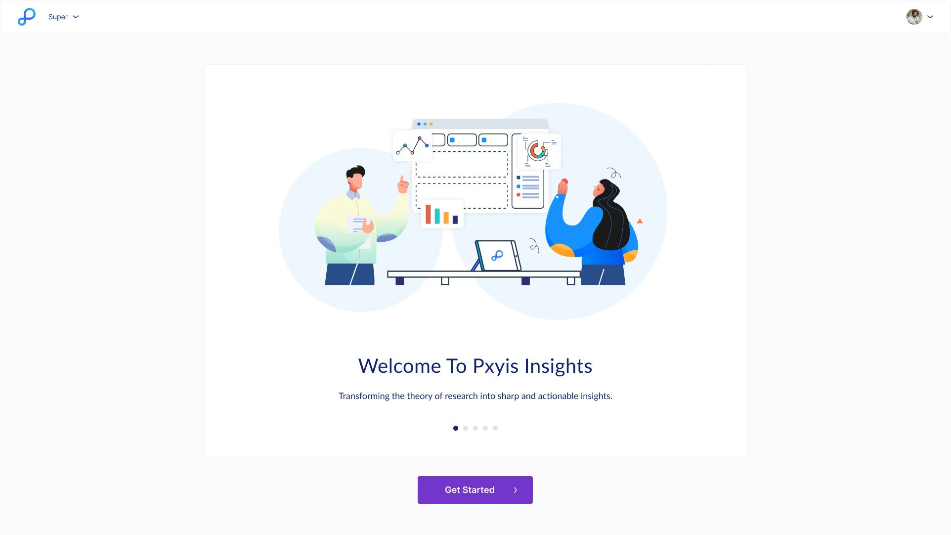 Pixis Insights UI/UX Software - Welcome page