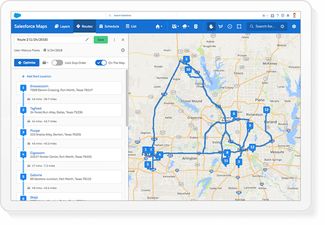 Salesforce Maps screenshot: Salesforce Maps route optimization