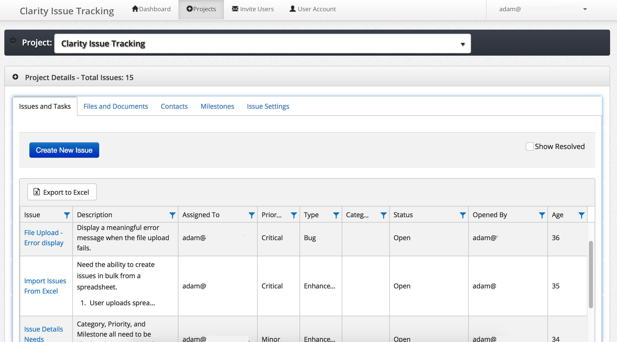 Clarity Issue Tracking Software - Clarity Issue Tracking view project details