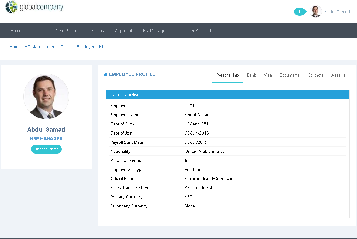 HR Chronicle screenshot: Employee Profile