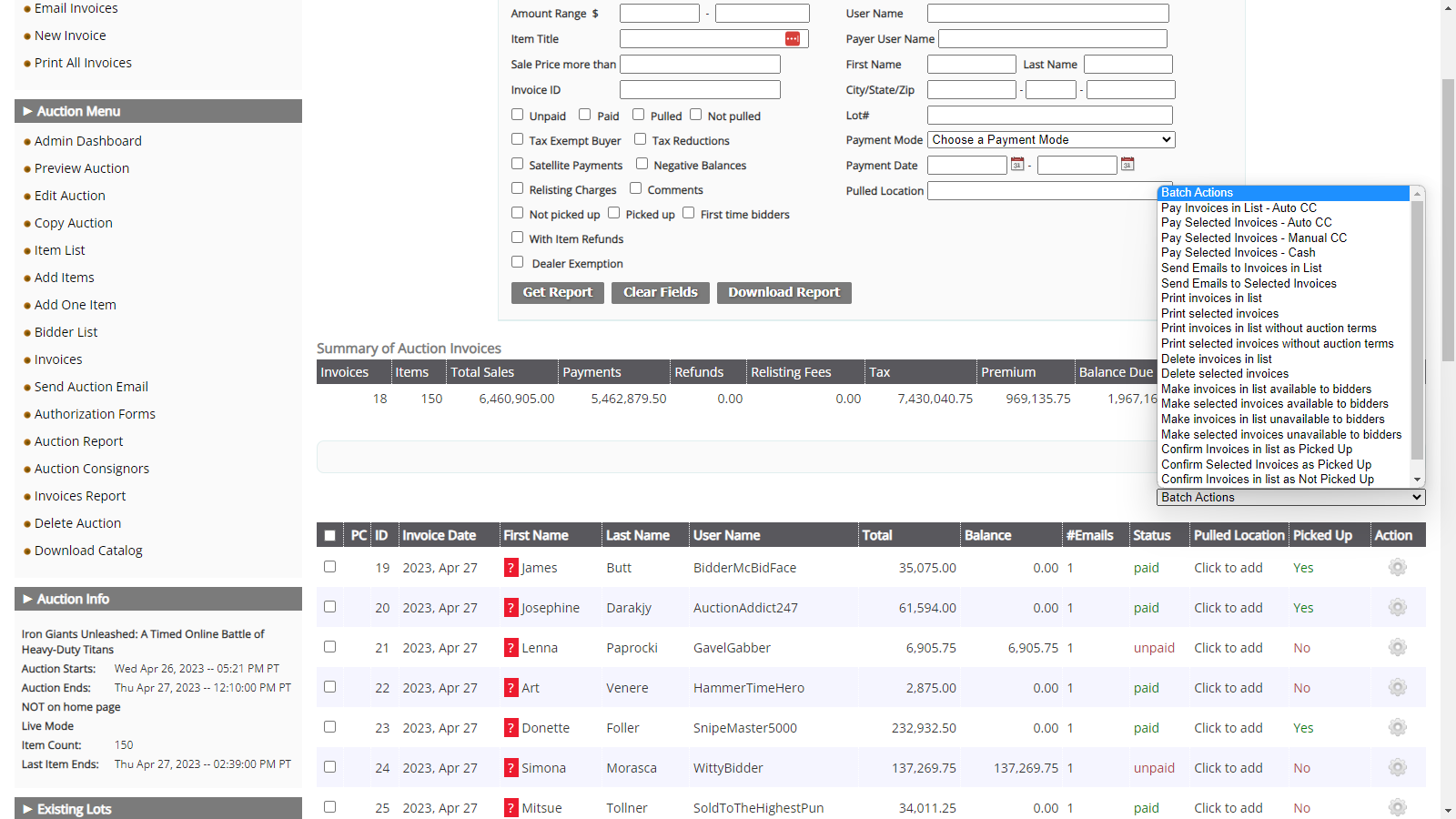 Admin view of a list of auction invoices with expanded advanced search option and batch-action controls.