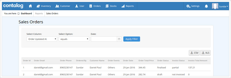 Contalog screenshot: Contalog allows users to filter orders according to various criteria