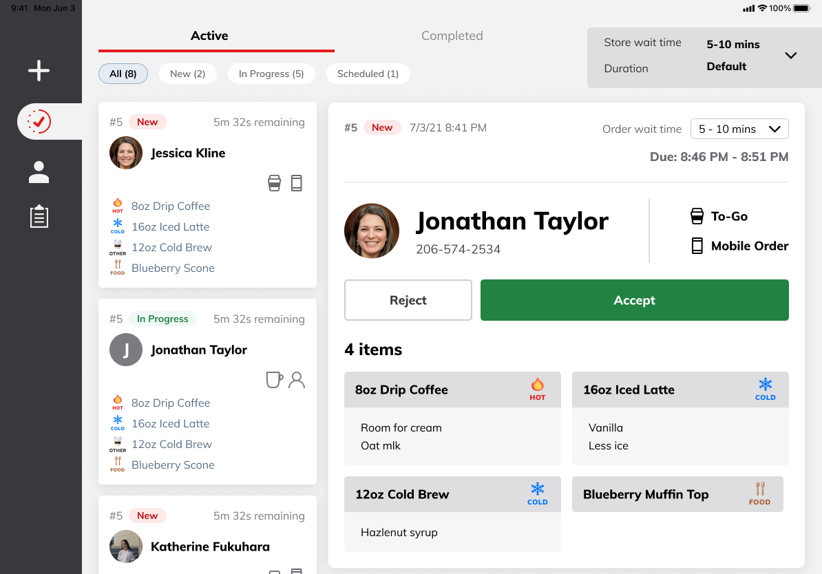 joe Point of Sale screenshot: joe Point of Sale's Order Status Screen demonstrating seamless integration of mobile orders and in-person orders.
