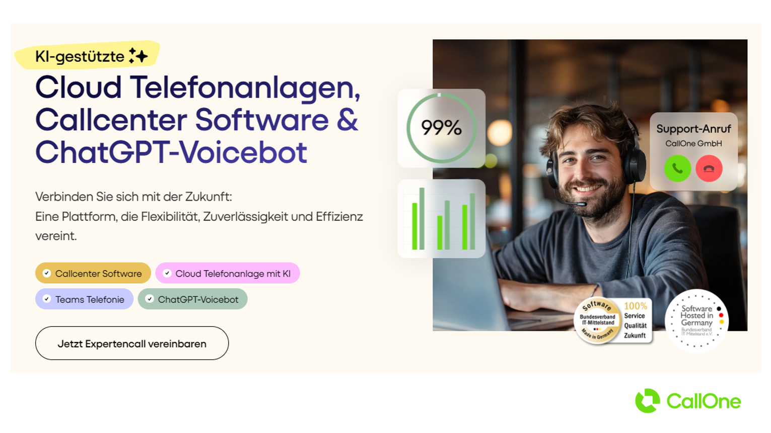 CallOne screenshot: KI-gestützte Technologien wie ChatGPT-VoiceBots, Cloud-Telefonanlagen und Teams-Integration sorgen für maximale Effizienz und eine optimierte Customer Experience. Echtzeit-Analysen und eine 99% Verfügbarkeit garantieren höchste Servicequalität.