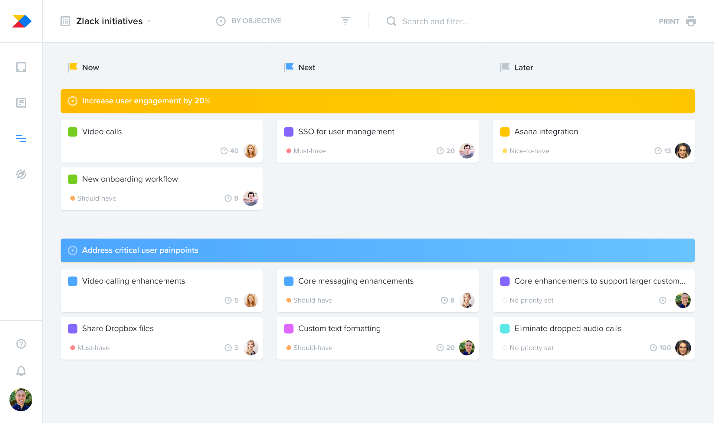 Productboard Software - Create high-level Agile or kanban style roadmaps that group features into Now/Next/Later time horizons (or other categories of your choice) or by each feature's current status (New idea, Discovery, Backlog, Delivery, Launched)