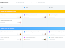 Productboard Software - Create high-level Agile or kanban style roadmaps that group features into Now/Next/Later time horizons (or other categories of your choice) or by each feature's current status (New idea, Discovery, Backlog, Delivery, Launched)