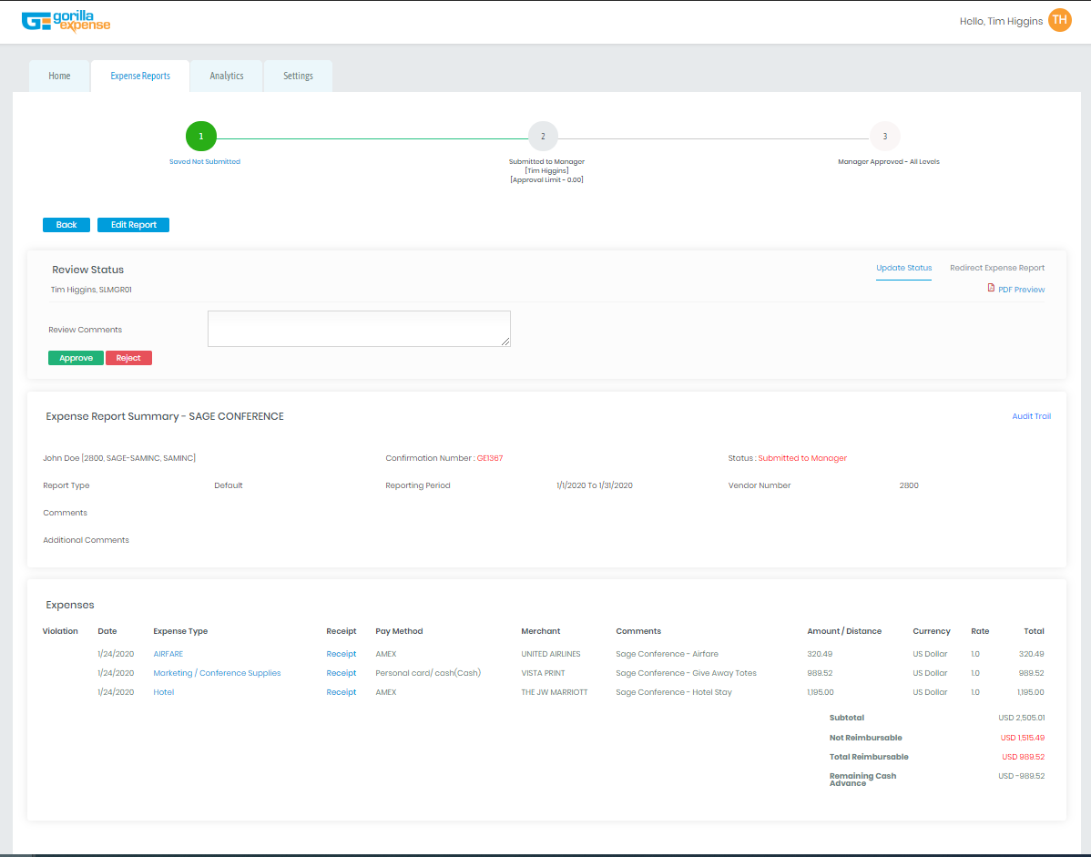 Gorilla Expense Software - Approver's view - All data in one place