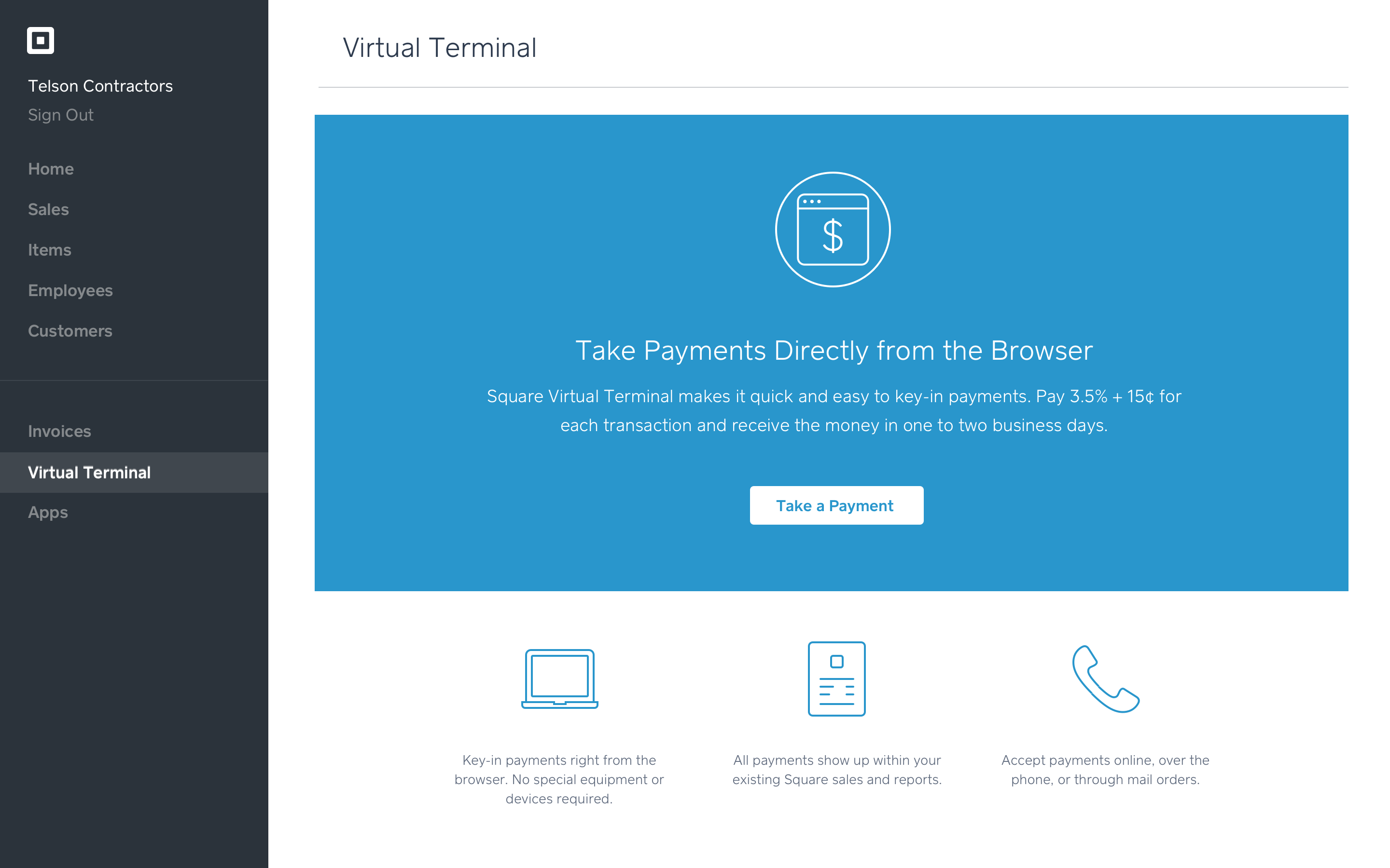 Square Payments virtual terminal