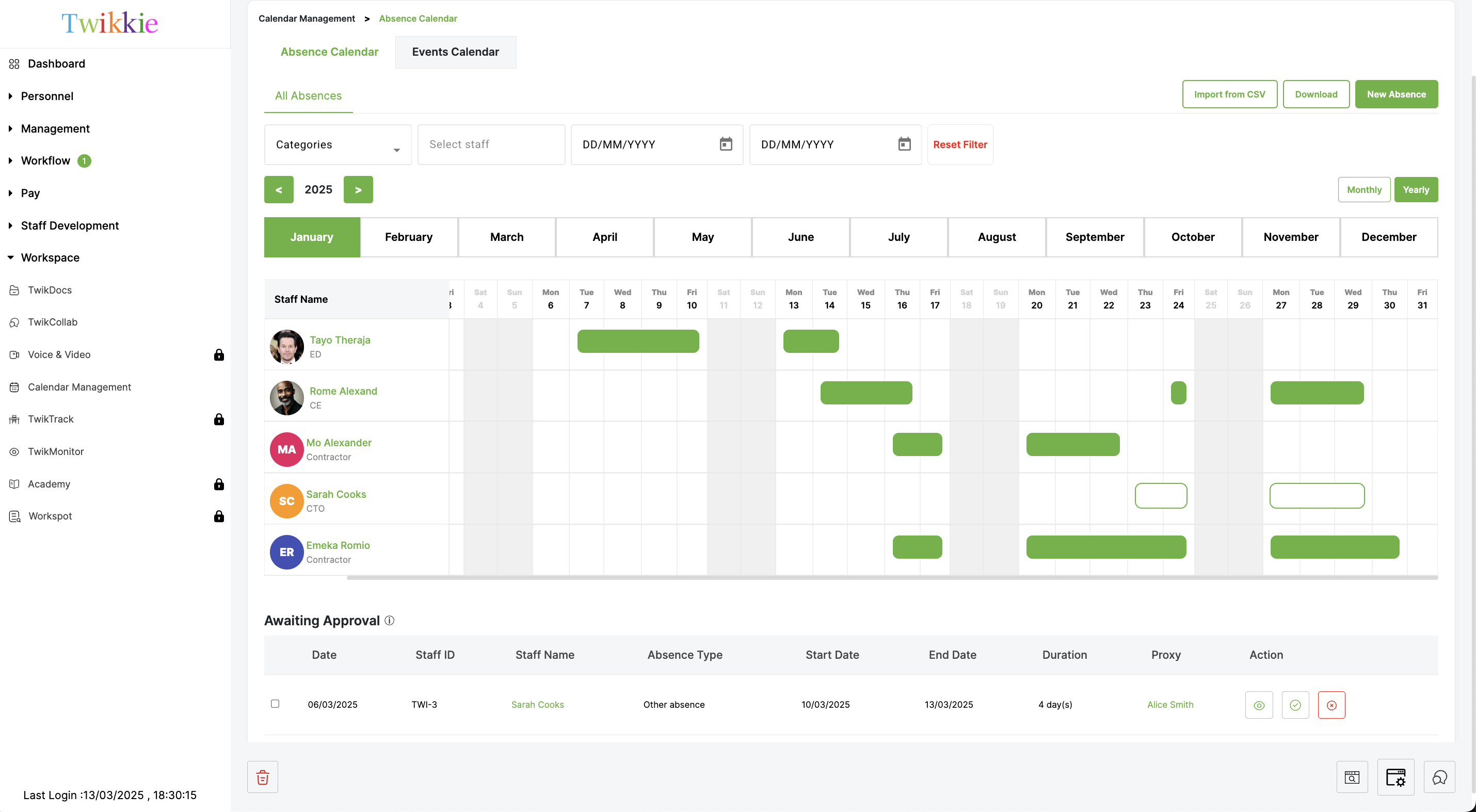 Twikkie screenshot: Twikkie calendar centralizes schedules, meetings, and key events, integrating seamlessly with attendance and task deadlines. Role-based access ensures users see relevant information, keeping teams organized and productive.