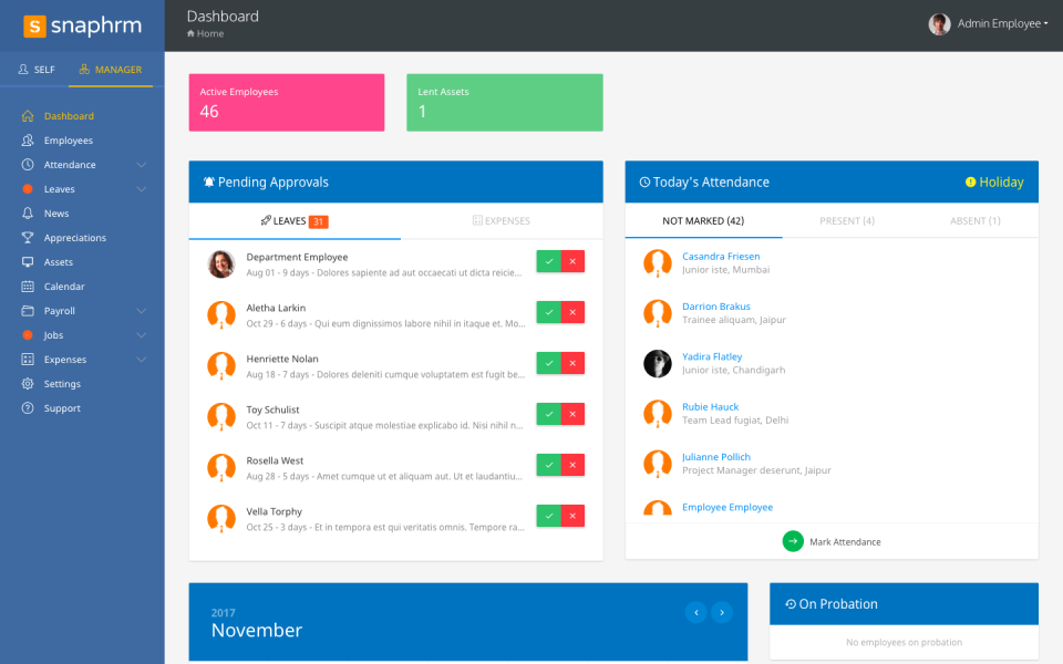 SnapHRM screenshot: Dashboard with approvals and attendance