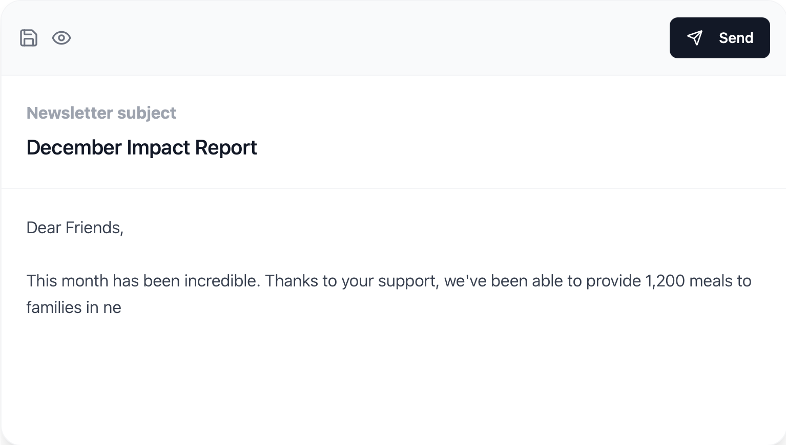 Groupmail screenshot: Groupmail's simple email editor. Write your message like you would in Gmail—no complex drag-and-drop builders. Add formatting, images, and links. Preview before sending. Designed for organizations who just need to communicate with their members.