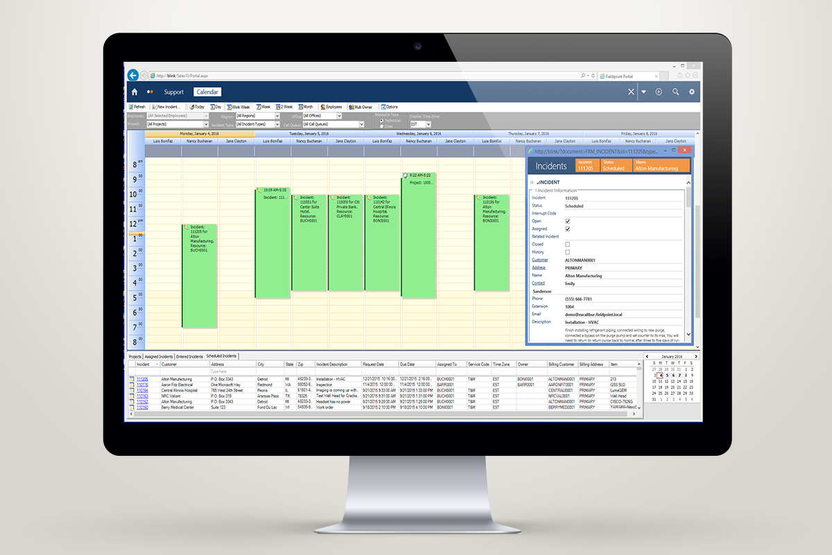 Scheduling/dispatch features allow for the checking of technician skills, calendar schedules and locations