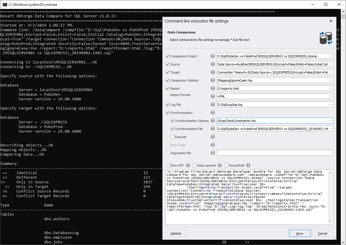 dbForge Data Compare for SQL Server command line interface screenshot