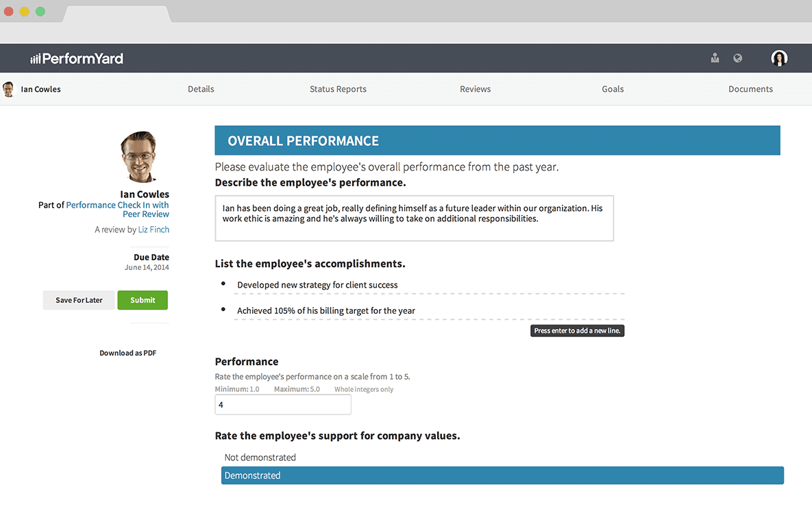 PerformYard Talent Software - Add & submit performance reviews complete with employee ratings