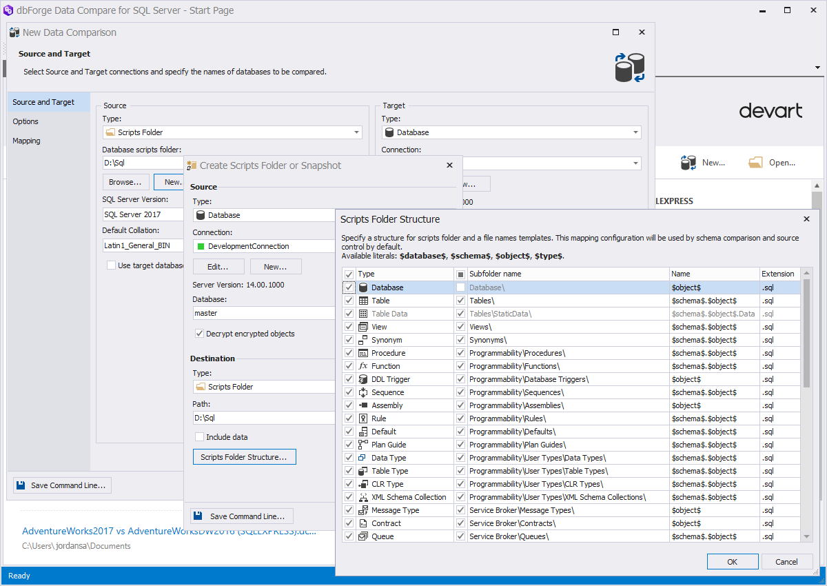 dbForge Data Compare for SQL Server scripts folder screenshot
