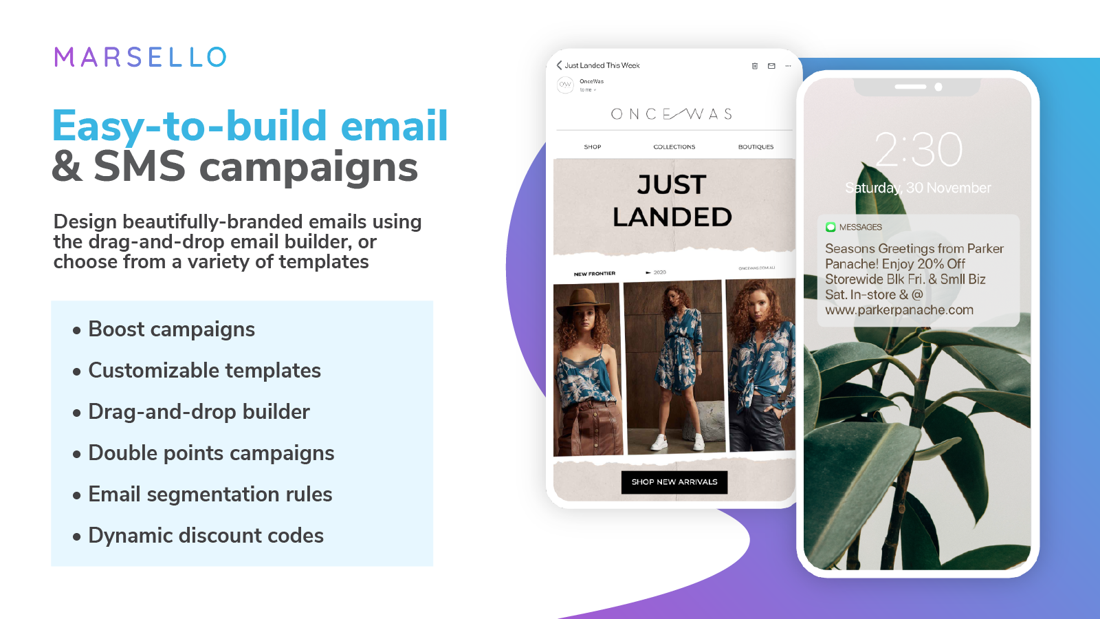 Marsello Software - Customize your email marketing and SMS campaigns, increase your reach with boosted campaigns. Double points emails, email segmentation, dynamic discounts, and more.