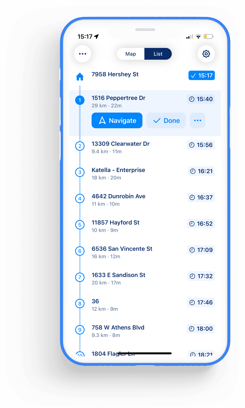 MyWay Route Planner - List View