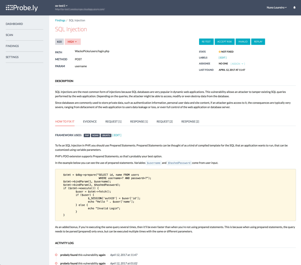 Probely vulnerability fix guidance screenshot