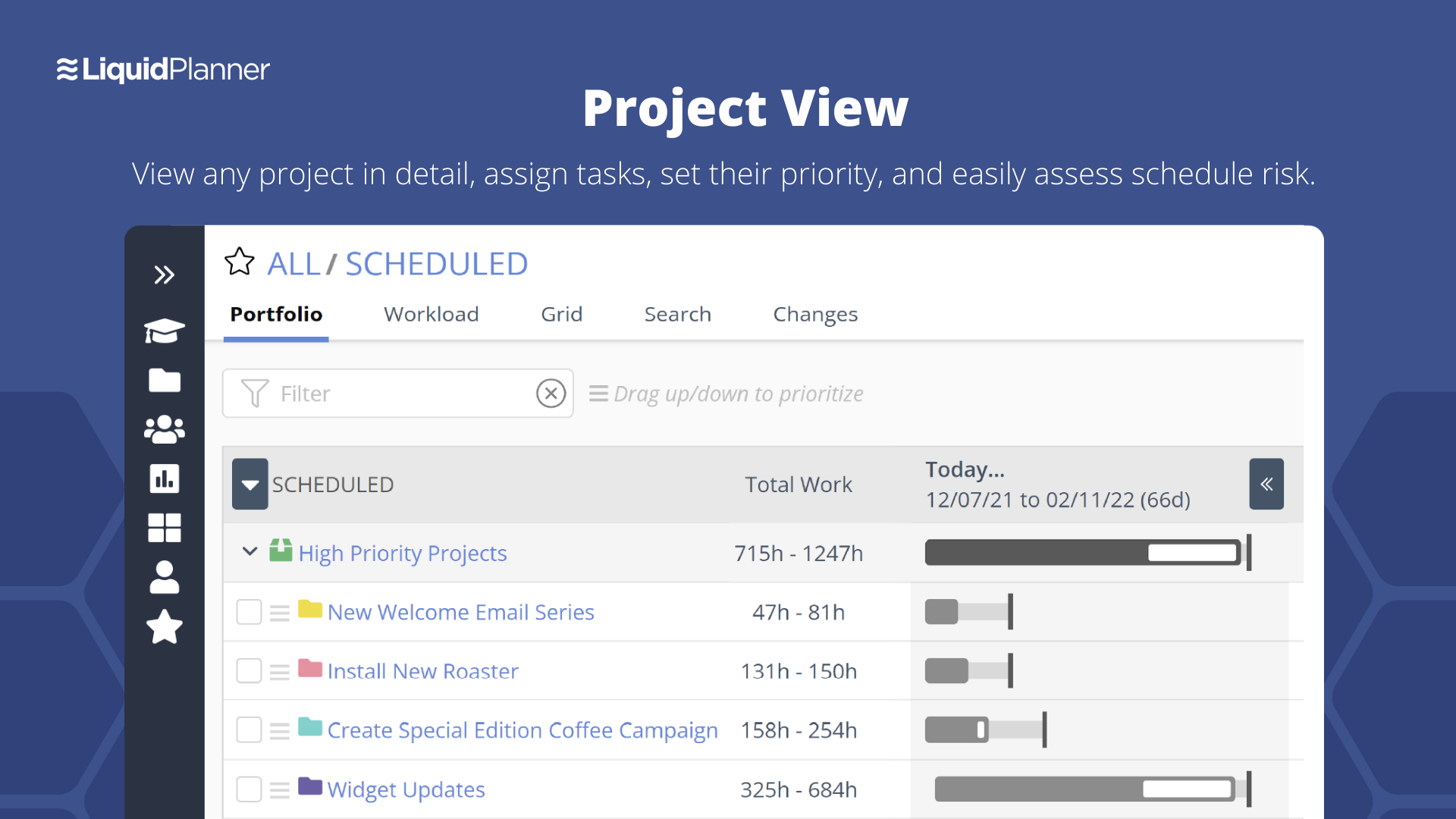 Project View is where you can drill down into the project details to assign tasks, set priorities, and easily assess schedule risk. This level of insight allows you to make changes to the project plan before deadlines are missed.