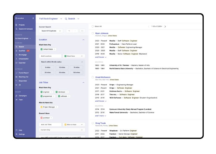 RecruitBot Software - Utilize our search filters—location, job title, boolean, DEI, and more—to quickly find top qualified candidates tailored to your needs.