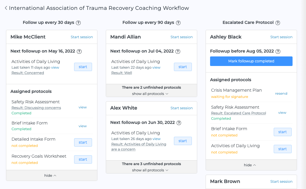 Remove the burden of keeping track of the mandated protocols by automating the entire workflow required by the International Association of Trauma Recovery Coaching