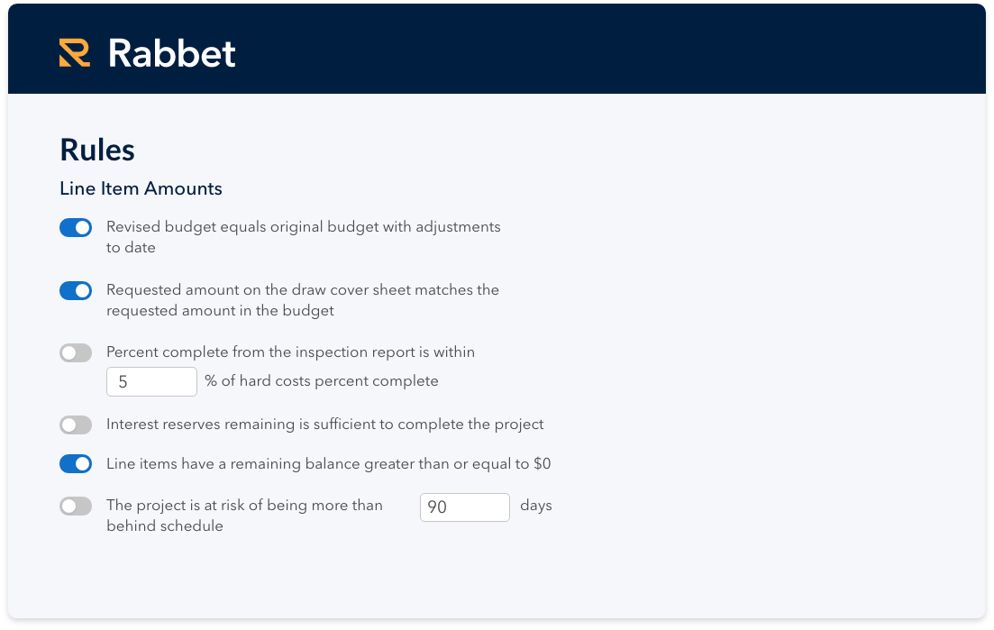 Rabbet for Construction Lenders screenshot: Automatically detect draw compliance