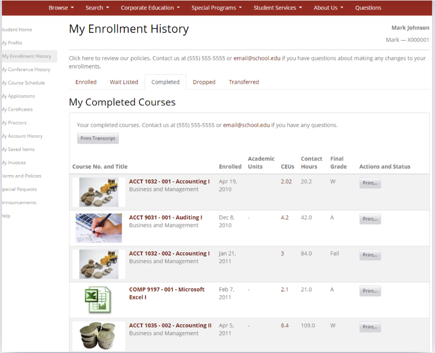 Modern Campus Lifelong Learning Software - Destiny One enrollment screenshot