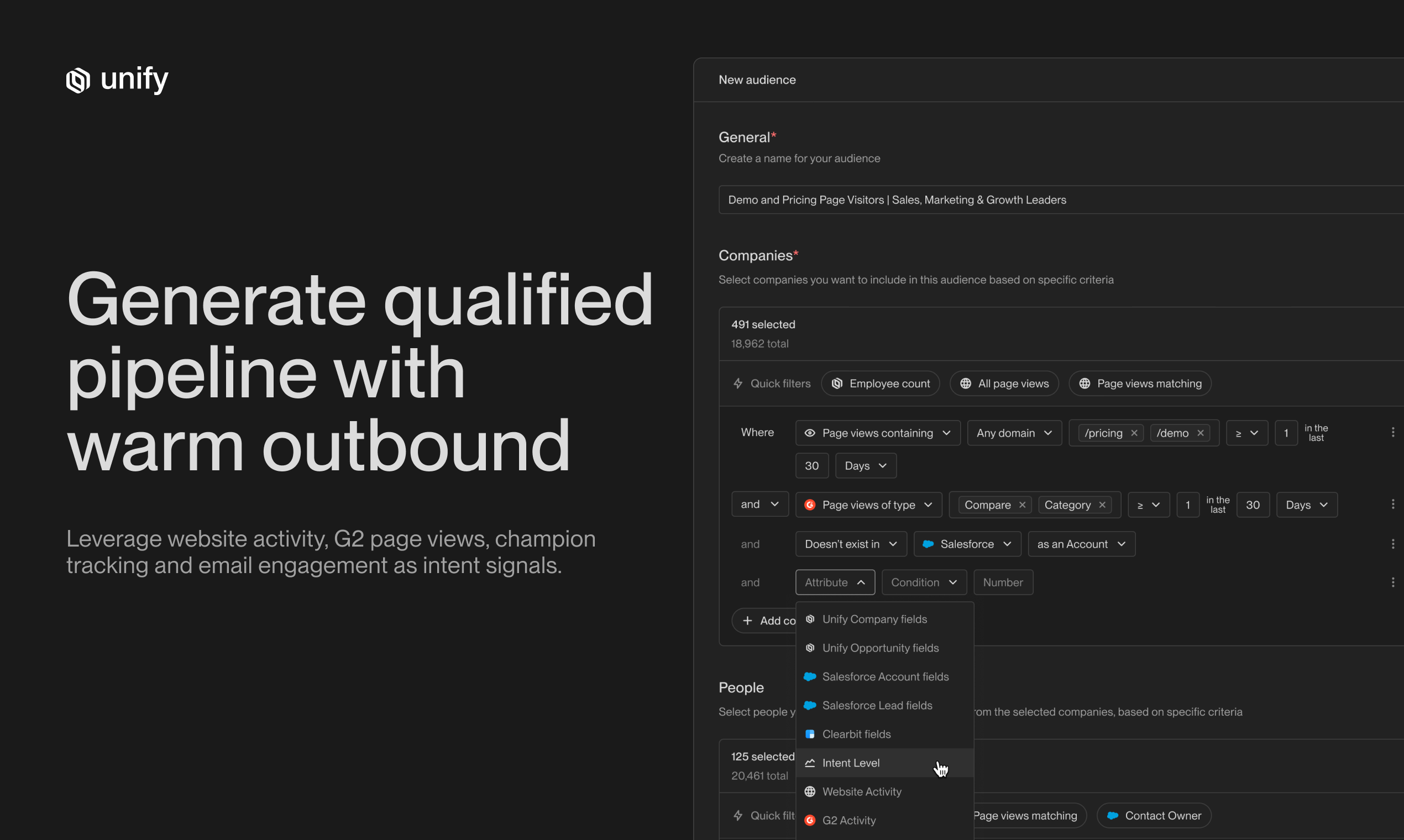 Unify screenshot: Leverage intent signals such as website activity, G2 page views, champion tracking, and email engagement.
