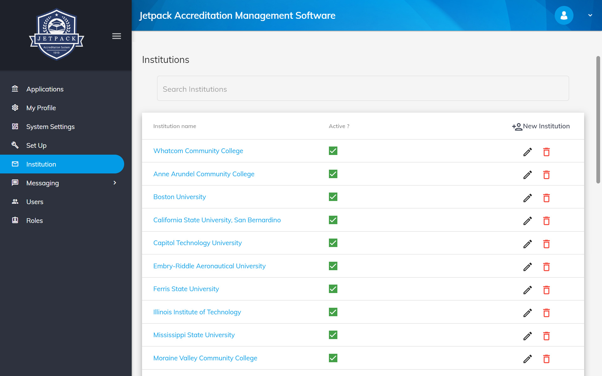 Jetpack Accreditation Management find or add institutions