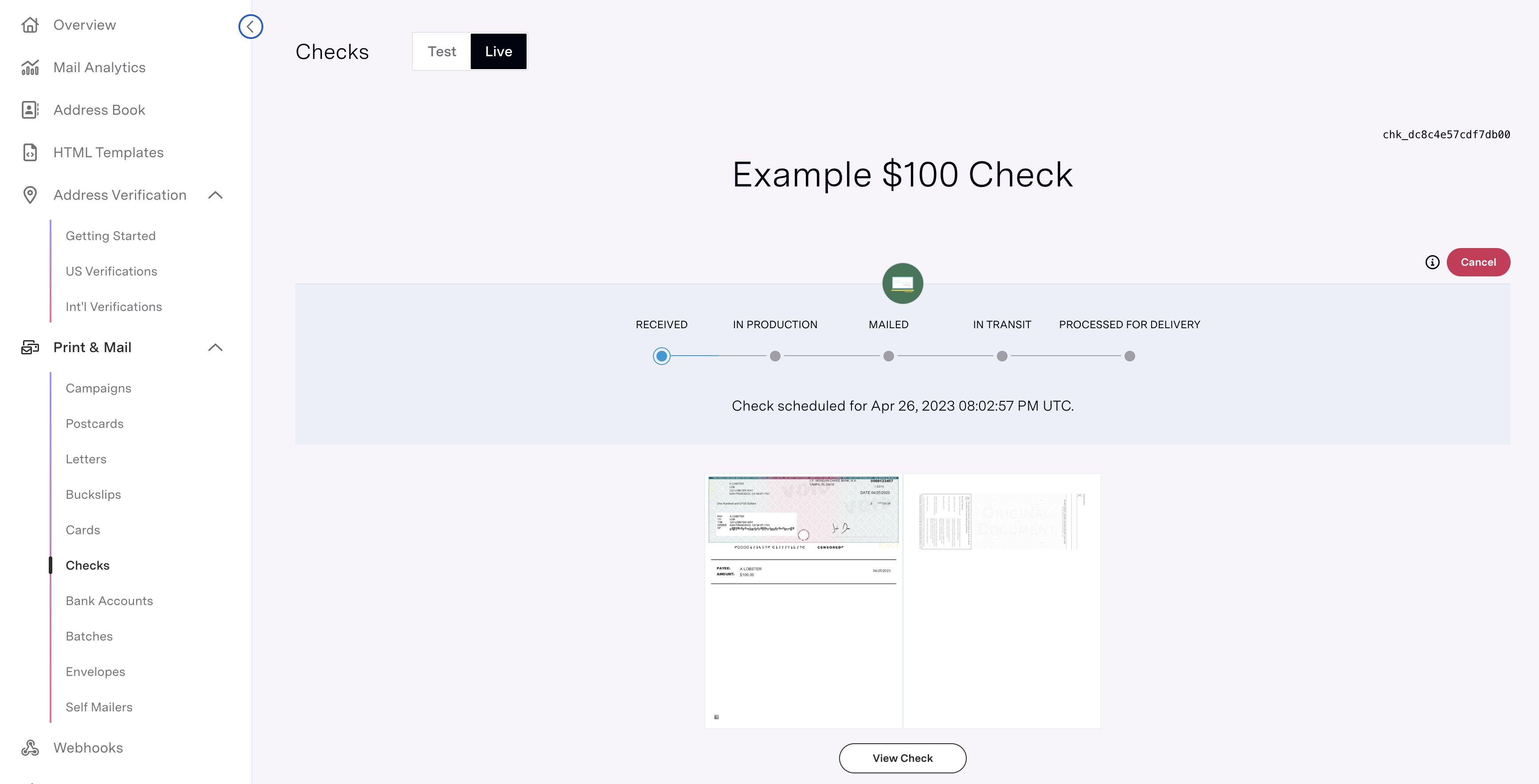 Lob's Checks API automates the printing and delivery of accurate, secure, and branded checks.