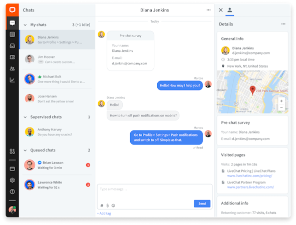 LiveChat screenshot: LiveChat makes customer service more efficient by letting you hold multiple live chat sessions at the same time