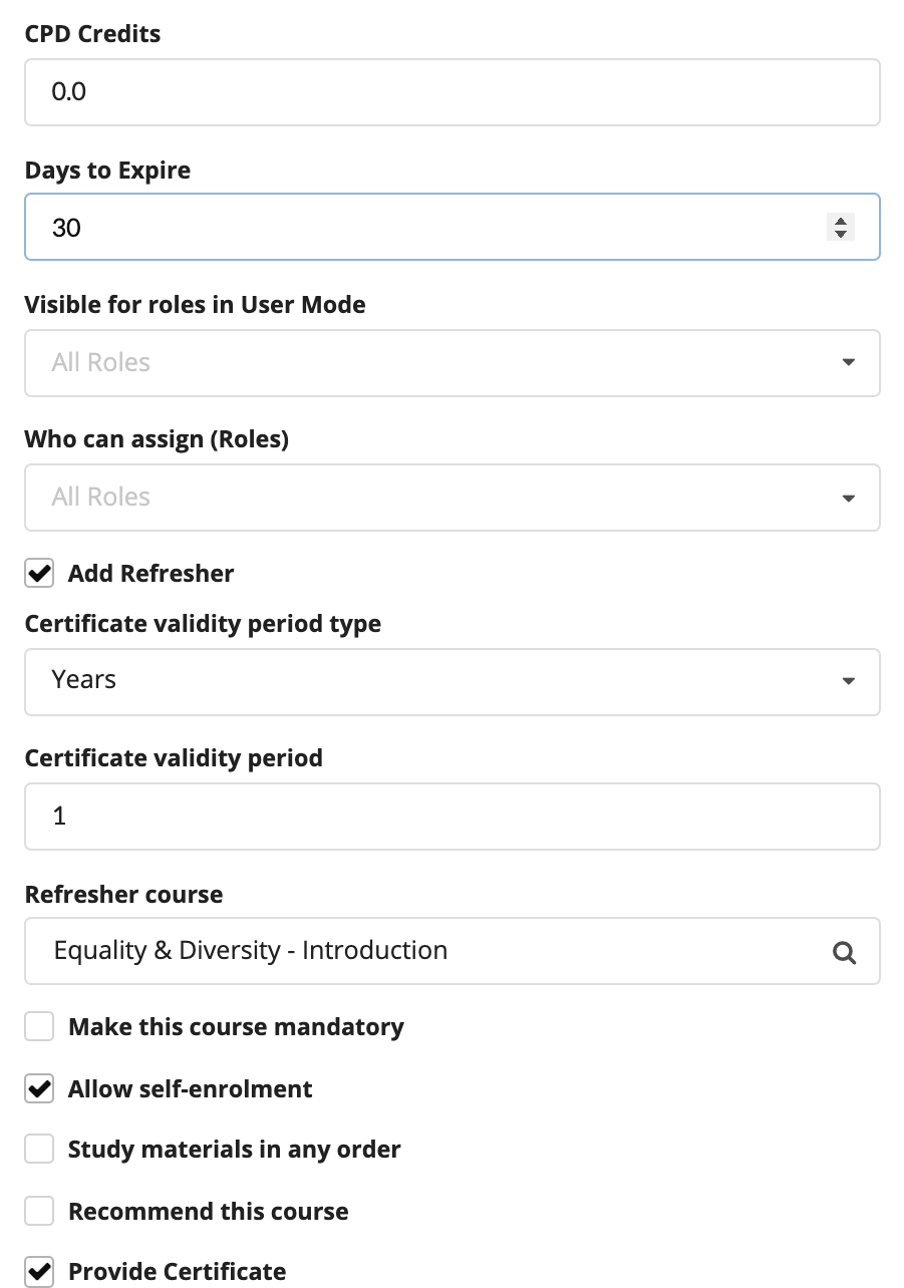 My Learning Hub Software - Course settings