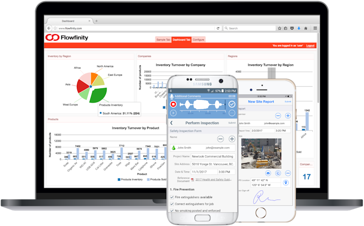Flowfinity screenshot: Add interactive dashboards for real-time, actionable insight into operations and create custom apps that let users complete mobile forms and workflows from anywhere