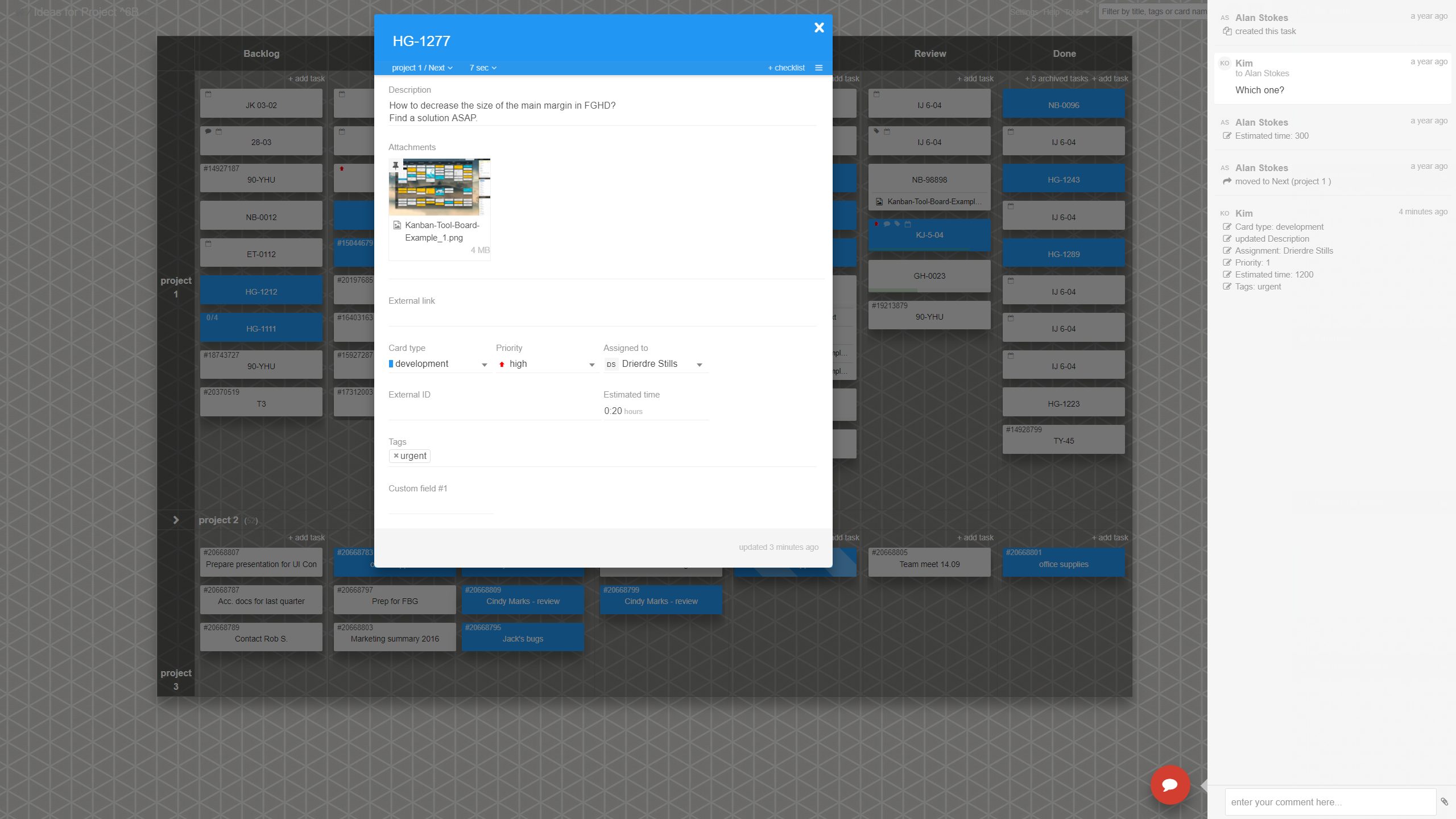 Kanban Tool Software - An open card view. Users select what fields a given card color (type) should display. Task comments and edit history visible in the side panel on the right.