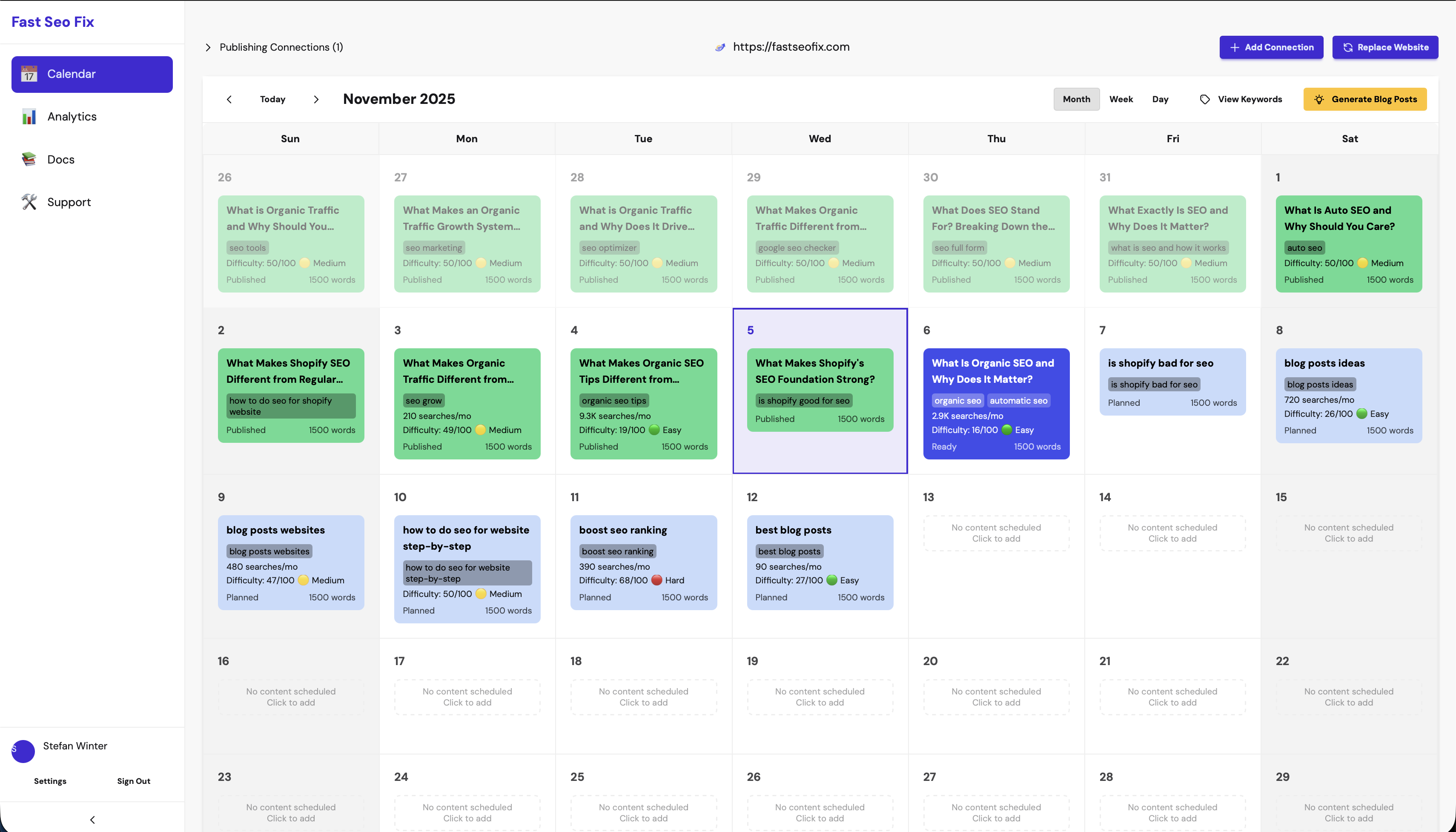 Fast SEO Fix screenshot: Fast SEO Fix content calendar