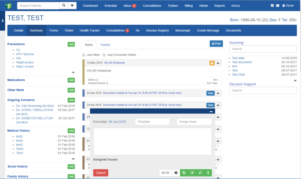 Juno EMR screenshot: Manage cumulative patient profiles with information on medications, medical history, ongoing concerns, family history, and more