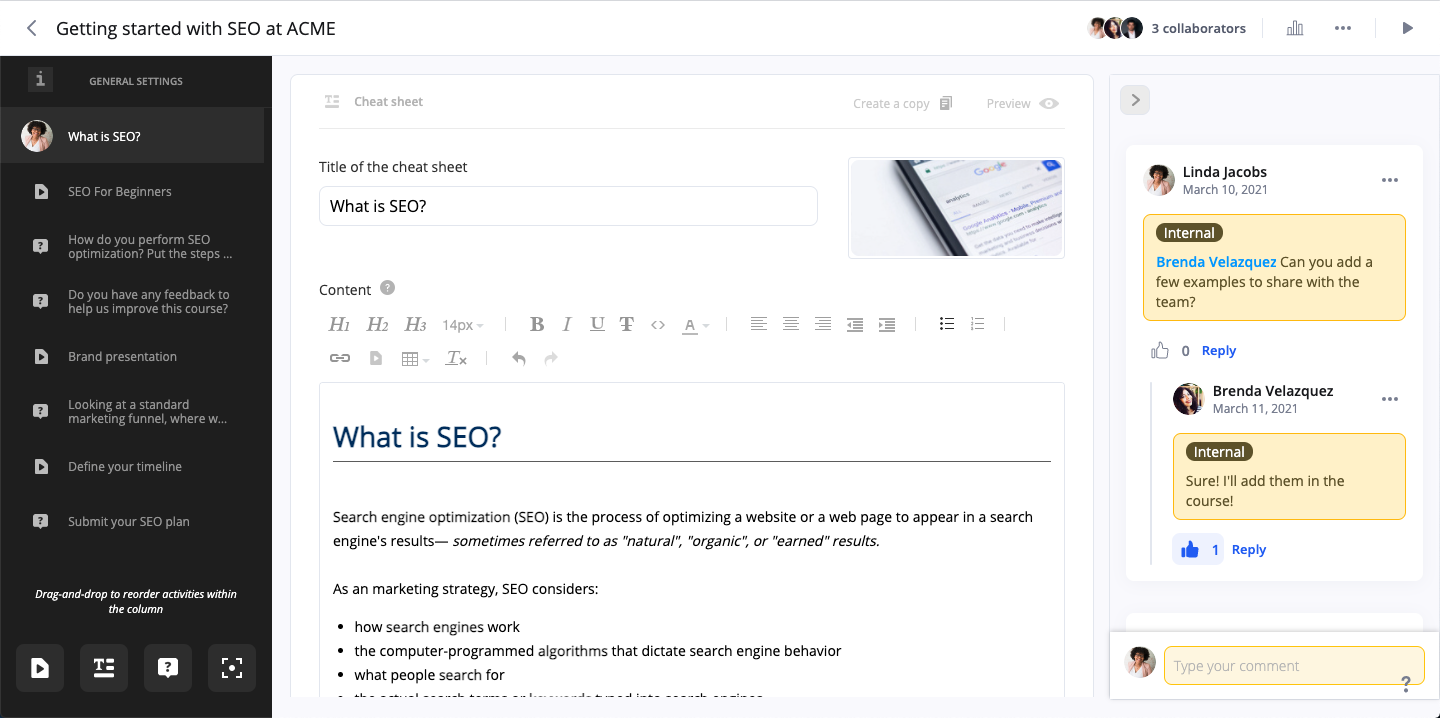 360Learning Software - Empower subject-matter experts to quickly create courses with our collaborative authoring tools. Easily write text, record videos, and compose questions in the platform or embed content from Google Drive, Loom, Genially, and more.