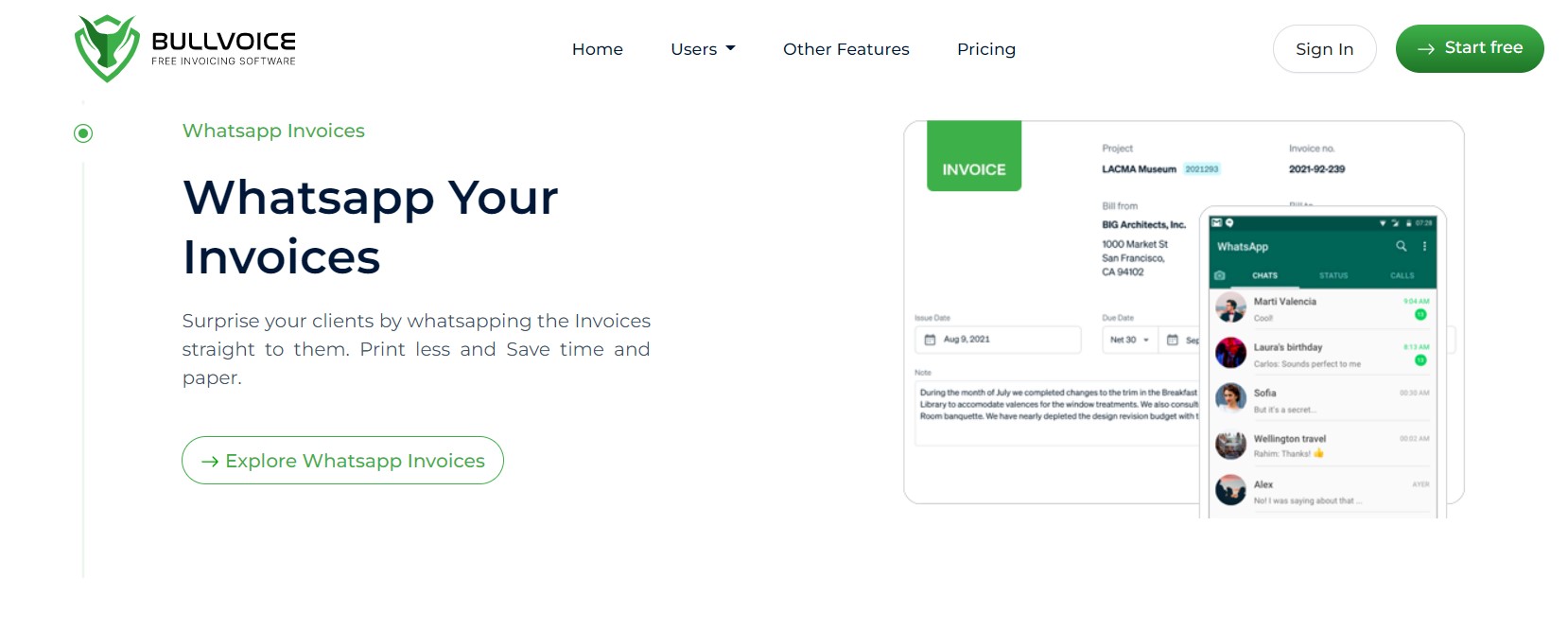 Bullvoice screenshot: Helps to Print less and Save time and paper. Create highly professional invoices using designed templates and send via WhatsApp, email, other social networks..