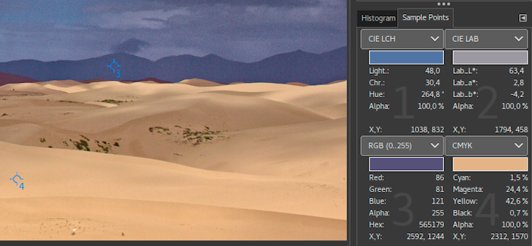 GIMP (GNU Image Manipulation Program) screenshot: GIMP sample points