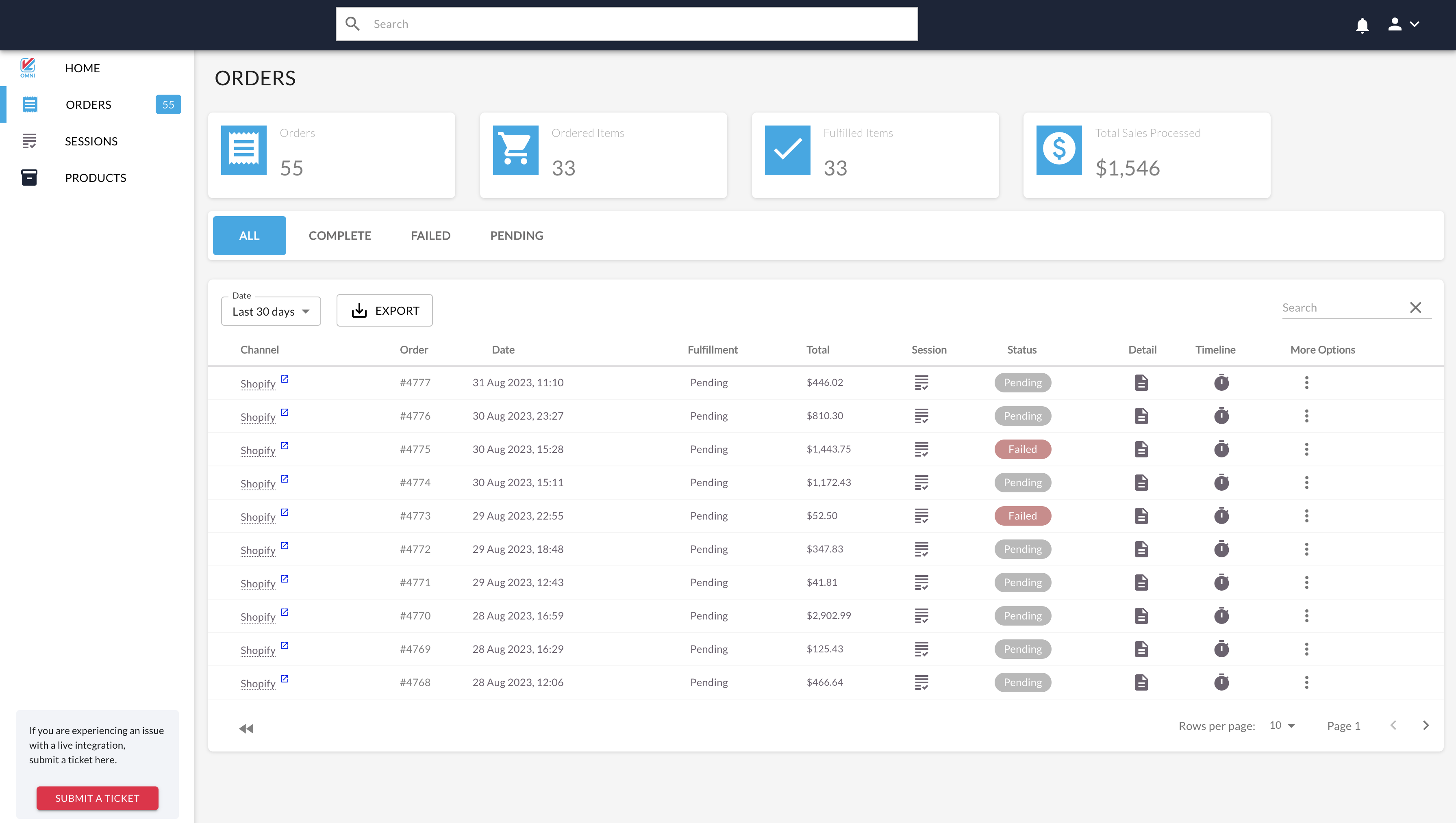 The Orders Page is a live view of your business' integrated Orders and Fulfillments.