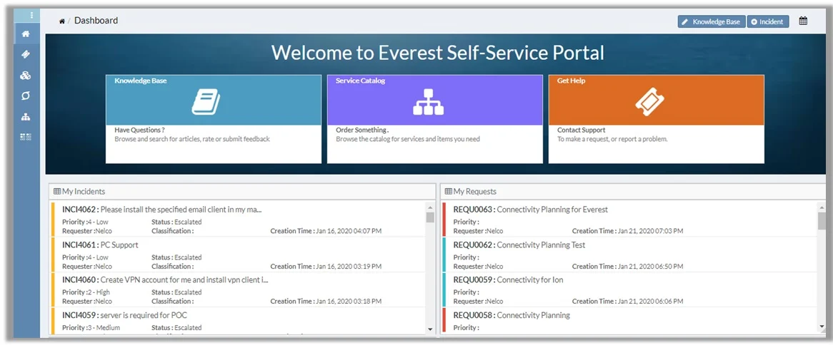 Self-Service Portal - Sample View of Infraon Desk Customer / End-User Self Service Portal