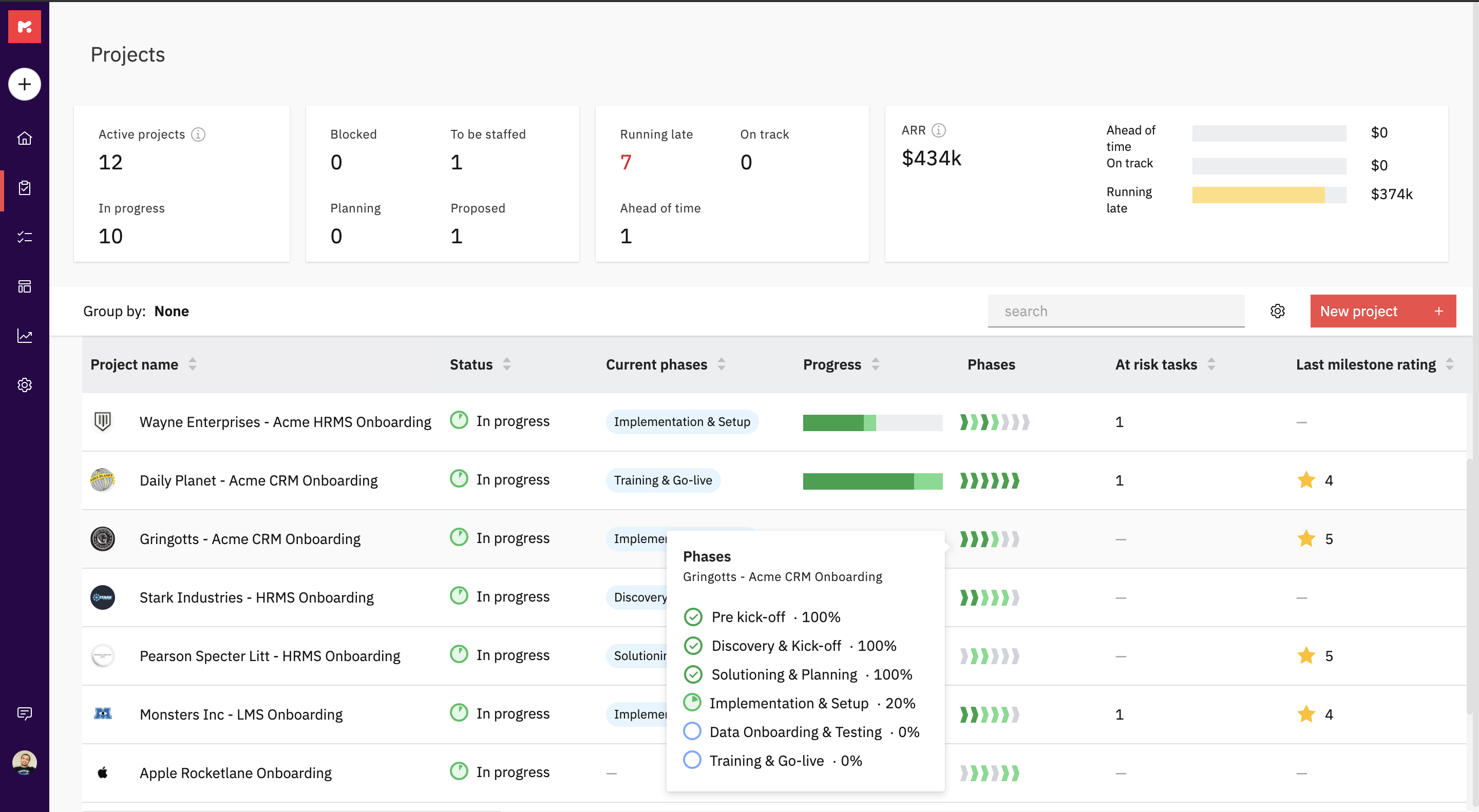 Rocketlane Software - List of customer onboarding or other client projects along with status, deep previews into progress, customer sentiment, and more.