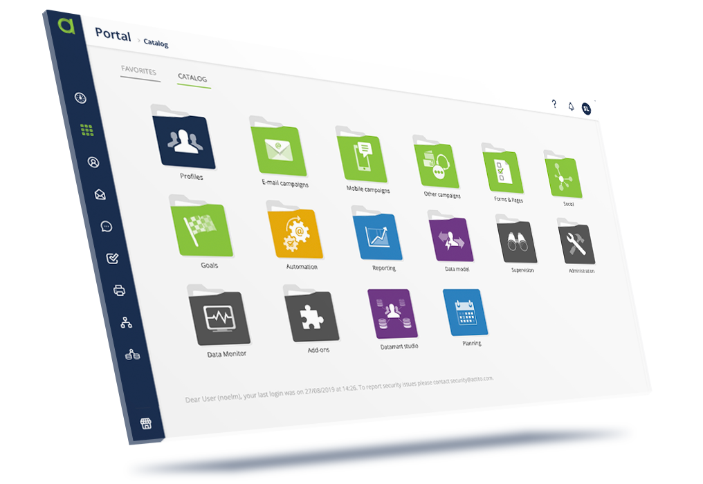 ACTITO screenshot: Intuïtive navigation to manage your database, channels, automations, reportings,...