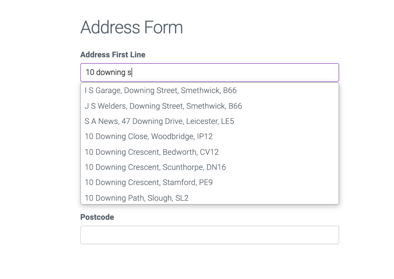 Ideal Postcodes screenshot: Address Finder Demo