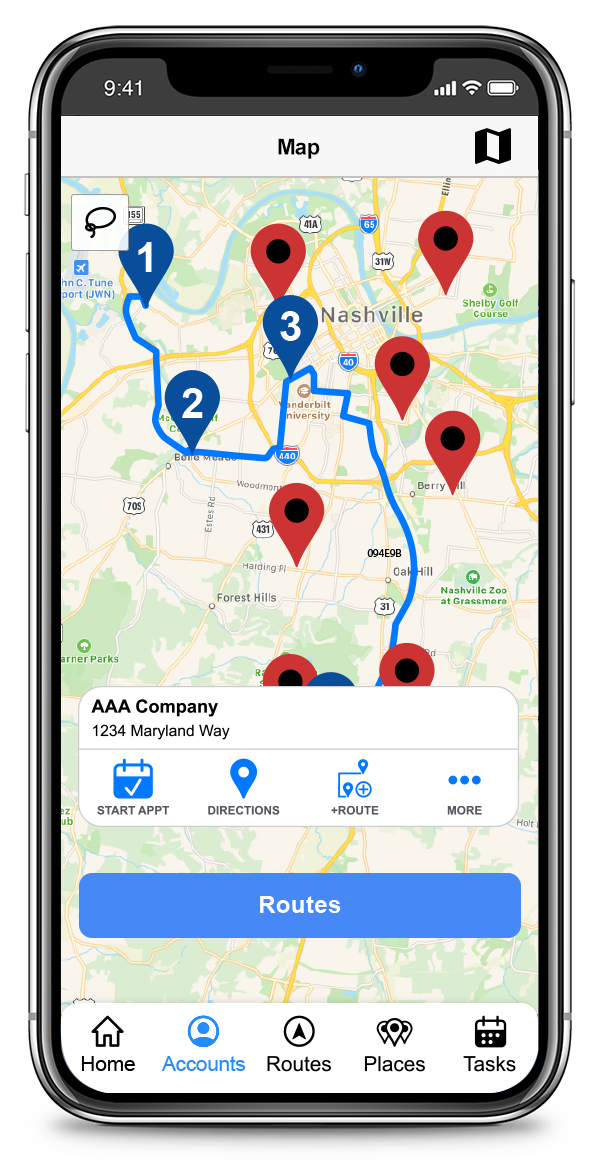 CallProof Software - View account on a map, book appointments, get directions, add to Routes and more