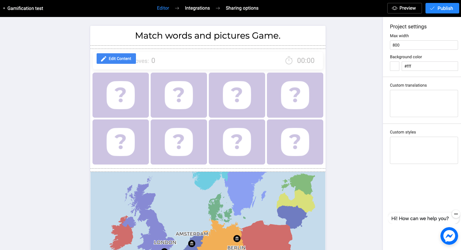 Editor - main view (memory game and interactive map visible)