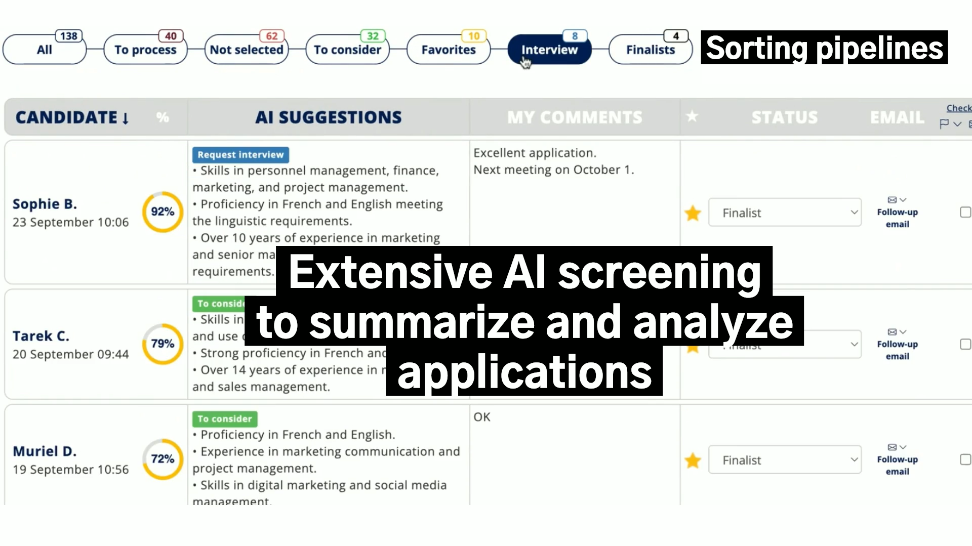 Nsania screenshot: Nsania AI suggestions for candidates with details on skills and recommendations