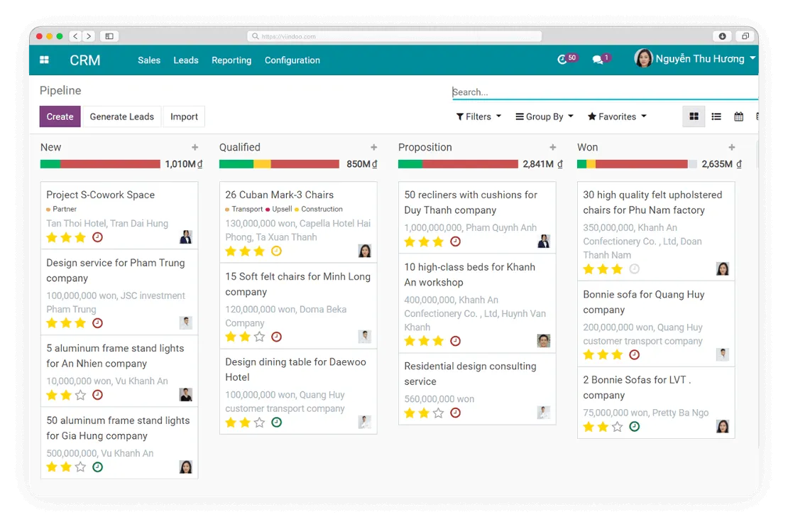 Kanban interface of Viindoo Customer Relationship Management