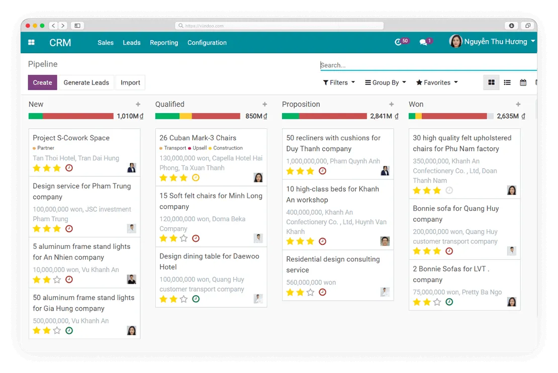 Viindoo Software - Kanban interface of Viindoo Customer Relationship Management